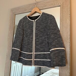 Lafayette 148 Grey Black Tweed Blazer 3/4 Sleeve Zip Closure Size Large